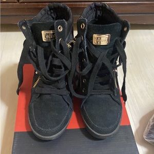 Guess Women's Black Suede Lace Up Stud Wedges Sneakers Shoes US Size 5.5